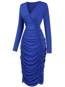 Clearance Retro Stage 1960s V-Neck Pleated Dress Royal Blue