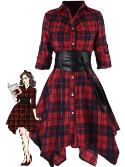 Best Retro Stage 1950s 3/4 Sleeve Plaid Belt Dress
