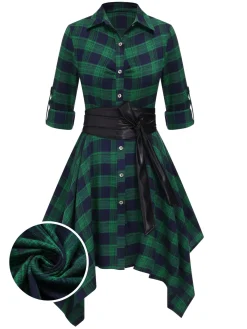 Best Retro Stage 1950s 3/4 Sleeve Plaid Belt Dress