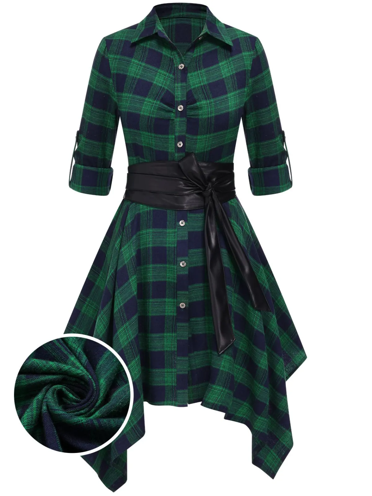Best Retro Stage 1950s 3/4 Sleeve Plaid Belt Dress