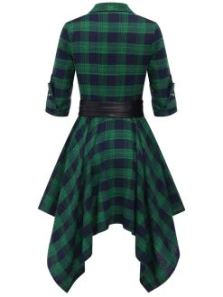 Best Retro Stage 1950s 3/4 Sleeve Plaid Belt Dress