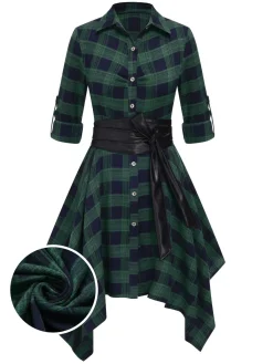 New Retro Stage 1950s 3/4 Sleeve Plaid Belt Dress
