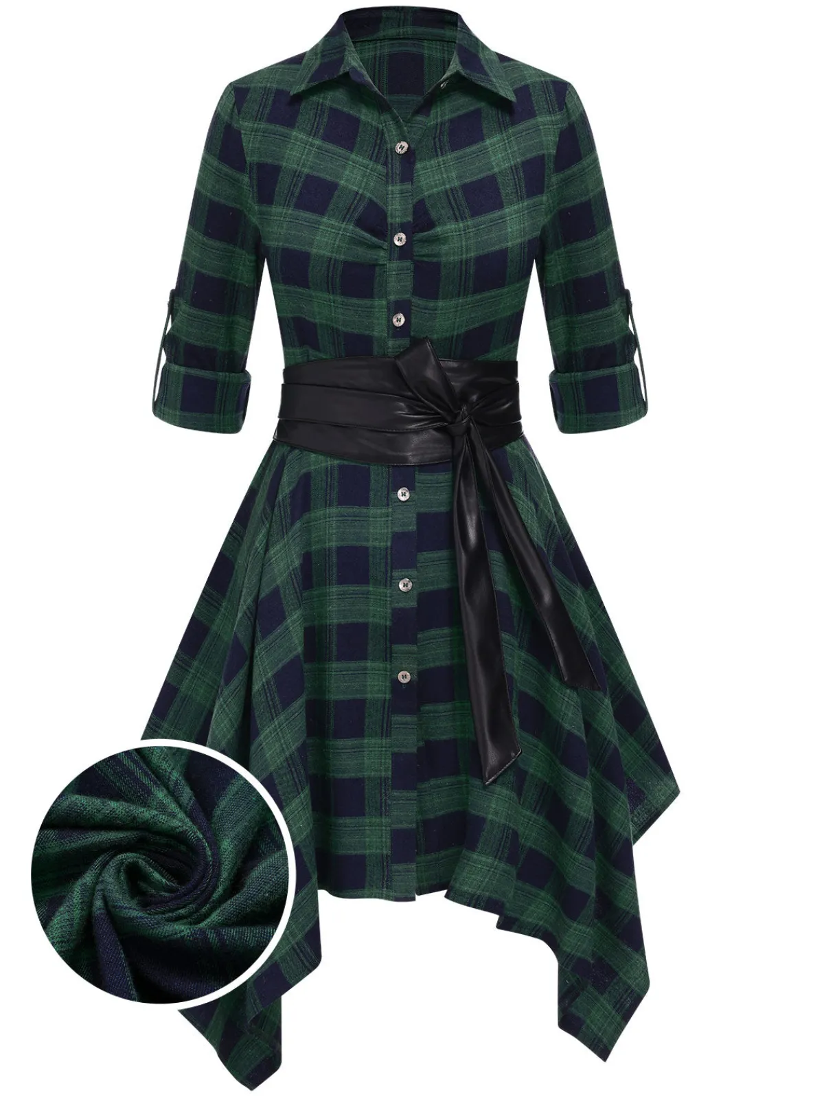 New Retro Stage 1950s 3/4 Sleeve Plaid Belt Dress