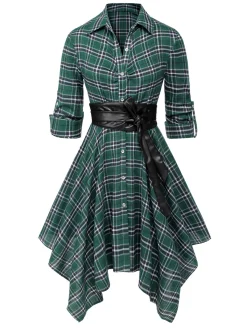 New Retro Stage 1950s 3/4 Sleeve Plaid Belt Dress