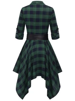 New Retro Stage 1950s 3/4 Sleeve Plaid Belt Dress