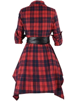 New Retro Stage 1950s 3/4 Sleeve Plaid Belt Dress