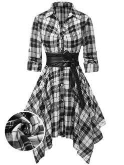 Best Retro Stage 1950s 3/4 Sleeve Plaid Belt Dress