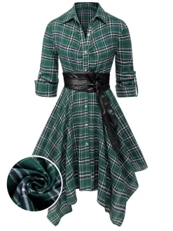 Best Retro Stage 1950s 3/4 Sleeve Plaid Belt Dress