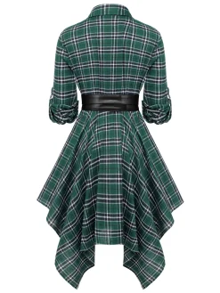 Best Retro Stage 1950s 3/4 Sleeve Plaid Belt Dress