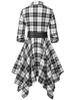 Best Retro Stage 1950s 3/4 Sleeve Plaid Belt Dress