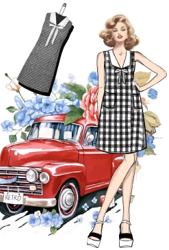 Hot Retro Stage 1960s Acetate Gingham Plaid Shift Dress Black