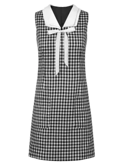 Hot Retro Stage 1960s Acetate Gingham Plaid Shift Dress Black