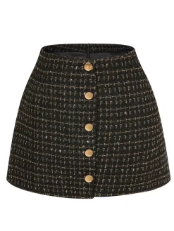 Fashion Retro Stage 1960s A-Line Button Solid Skirt