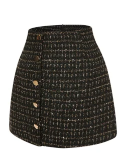 Fashion Retro Stage 1960s A-Line Button Solid Skirt