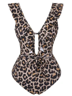 Discount Retro Stage 1950s All-Over Print Ruffled Belt One-Piece Swimsuit