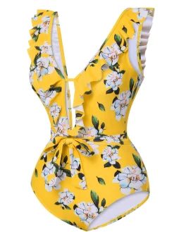 Discount Retro Stage 1950s All-Over Print Ruffled Belt One-Piece Swimsuit