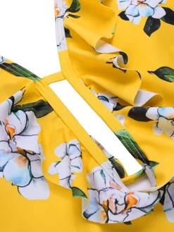 Discount Retro Stage 1950s All-Over Print Ruffled Belt One-Piece Swimsuit