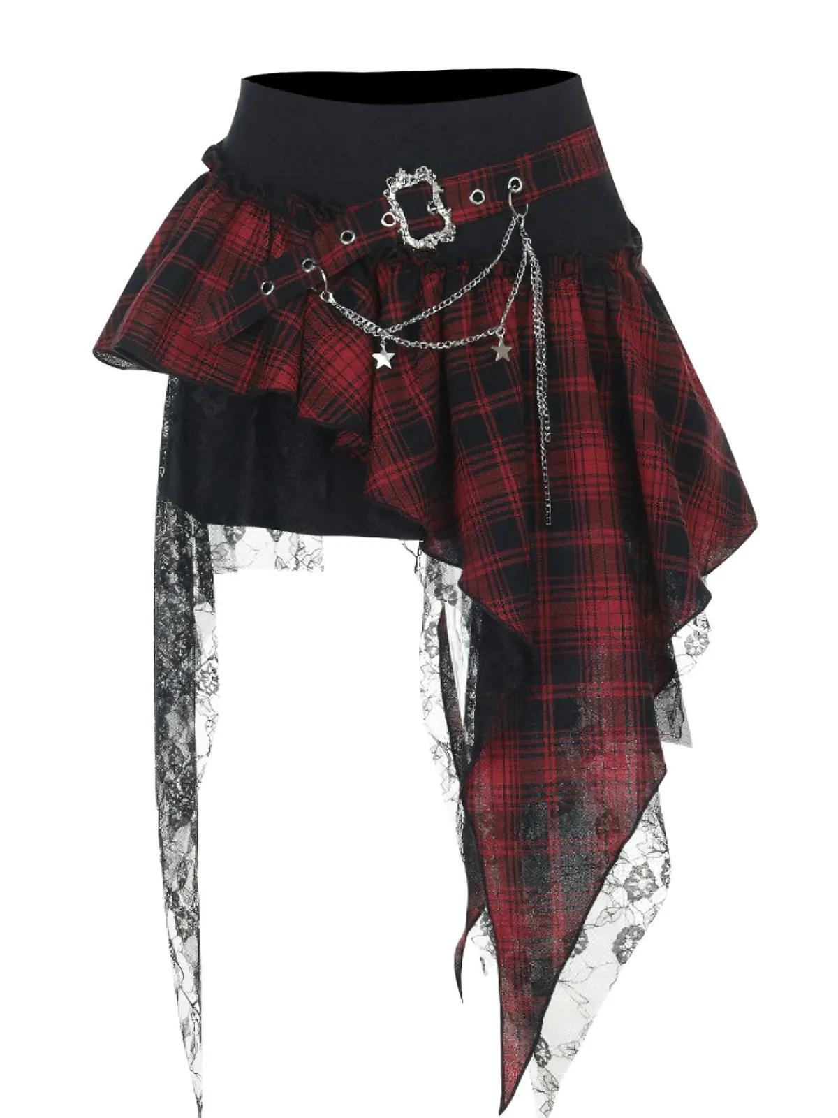 Discount Retro Stage 1980s Asymmetric Plaids Lace Chain Gothic Skirt Wine Red