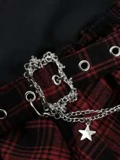 Discount Retro Stage 1980s Asymmetric Plaids Lace Chain Gothic Skirt Wine Red