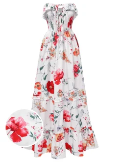 Fashion Retro Stage 1930s Bandeau Floral Tiered Ruffle Hem Dress Multicolor