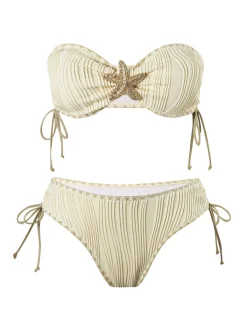Clearance Retro Stage 1950s Bandeau Sand-Ripple Jeweled Starfish Bikini Set Beige