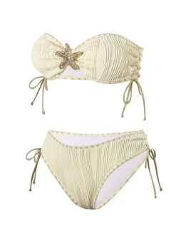 Clearance Retro Stage 1950s Bandeau Sand-Ripple Jeweled Starfish Bikini Set Beige