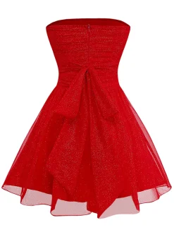 Discount Retro Stage 1950s Bandeau Solid Glitter Back Bow Skater Dress