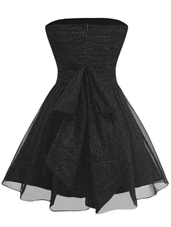 Discount Retro Stage 1950s Bandeau Solid Glitter Back Bow Skater Dress