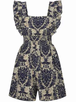 Fashion Retro Stage 1970s Baroque Prints Square Neck Ruffles Romper Multicolor