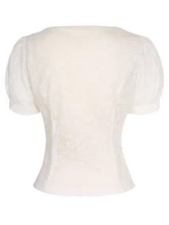 Sale Retro Stage 1950s Lace Puff Sleeve Button Blouse Beige