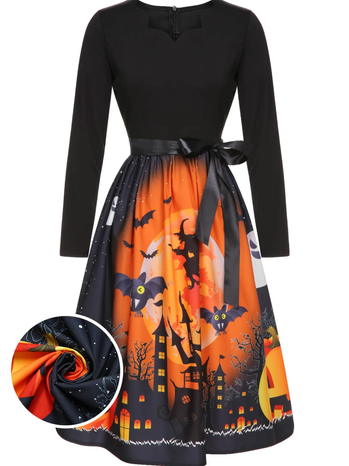 New Retro Stage 1950s Halloween Long Sleeve Swing Dress Black