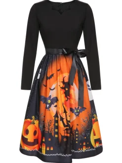 New Retro Stage 1950s Halloween Long Sleeve Swing Dress Black