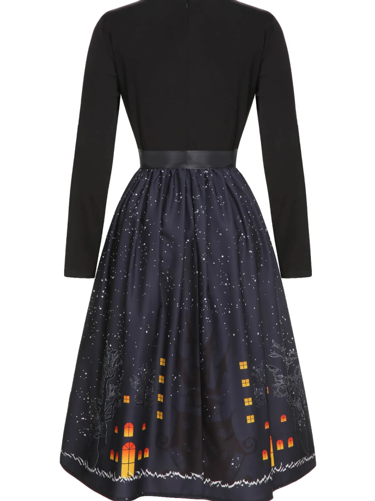 New Retro Stage 1950s Halloween Long Sleeve Swing Dress Black