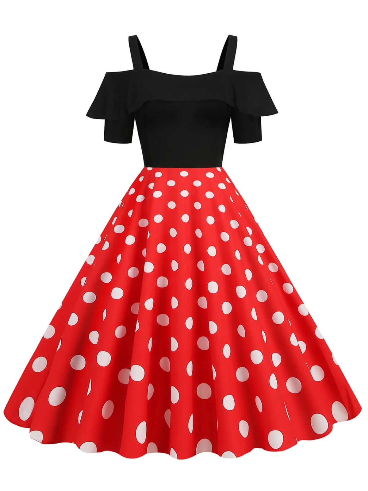 Clearance Retro Stage 1950s Black Patchwork Polka Dot Strap Dress