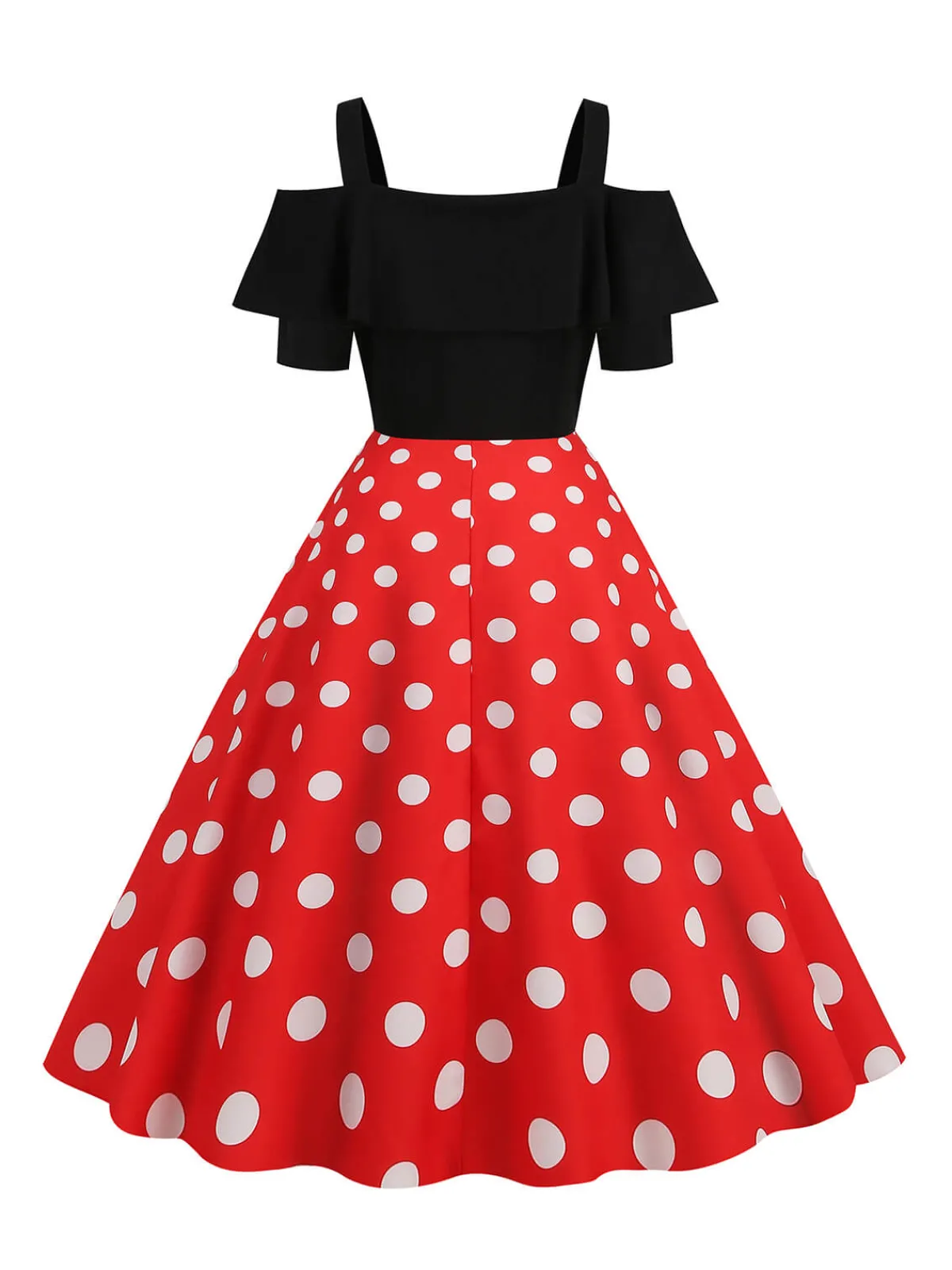 Clearance Retro Stage 1950s Black Patchwork Polka Dot Strap Dress