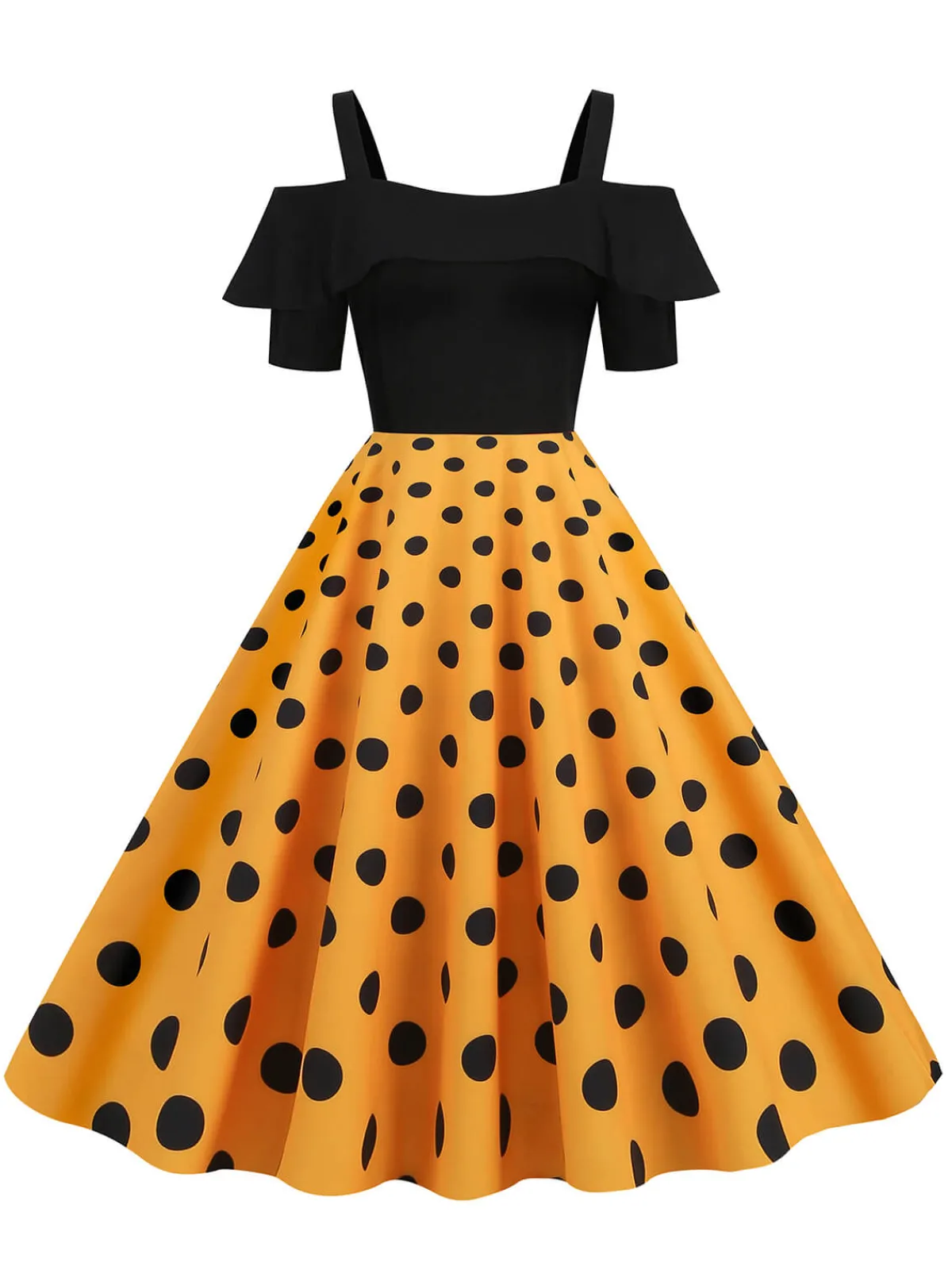 Clearance Retro Stage 1950s Black Patchwork Polka Dot Strap Dress
