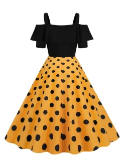 Clearance Retro Stage 1950s Black Patchwork Polka Dot Strap Dress