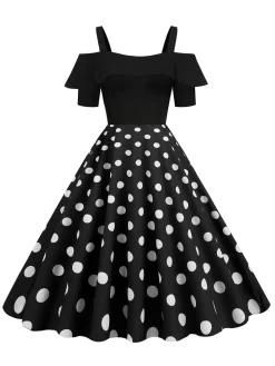 Clearance Retro Stage 1950s Black Patchwork Polka Dot Strap Dress