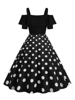 Clearance Retro Stage 1950s Black Patchwork Polka Dot Strap Dress