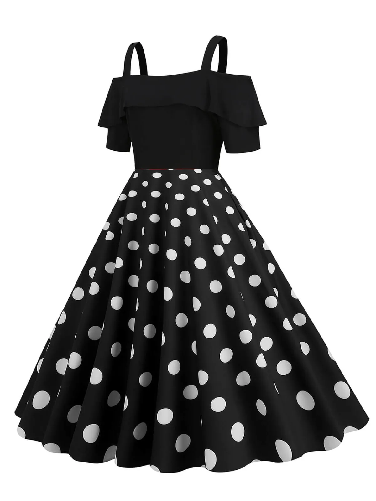 Clearance Retro Stage 1950s Black Patchwork Polka Dot Strap Dress