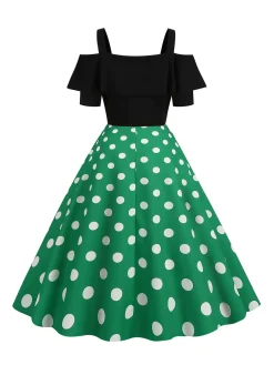 Clearance Retro Stage 1950s Black Patchwork Polka Dot Strap Dress