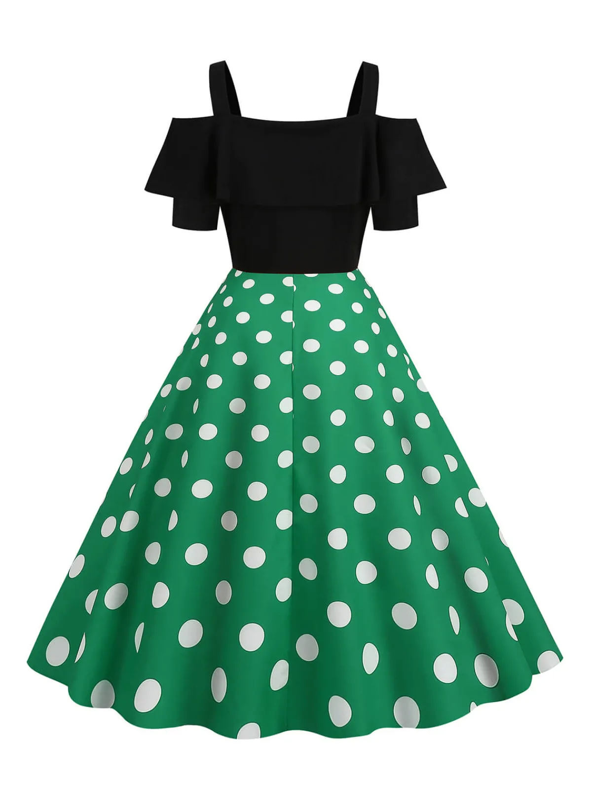 Clearance Retro Stage 1950s Black Patchwork Polka Dot Strap Dress