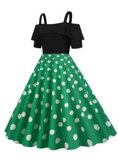Clearance Retro Stage 1950s Black Patchwork Polka Dot Strap Dress