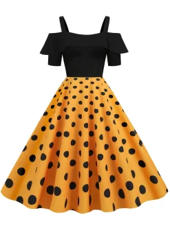 Discount Retro Stage 1950s Black Patchwork Polka Dot Strap Dress