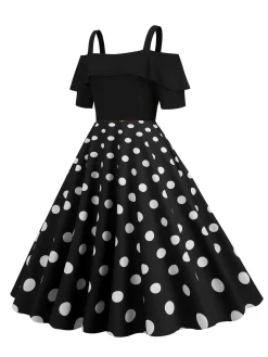 Discount Retro Stage 1950s Black Patchwork Polka Dot Strap Dress