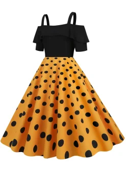 Discount Retro Stage 1950s Black Patchwork Polka Dot Strap Dress