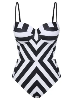 Hot Retro Stage 1960s Black White Contrast Stripes Swimsuit Black & White