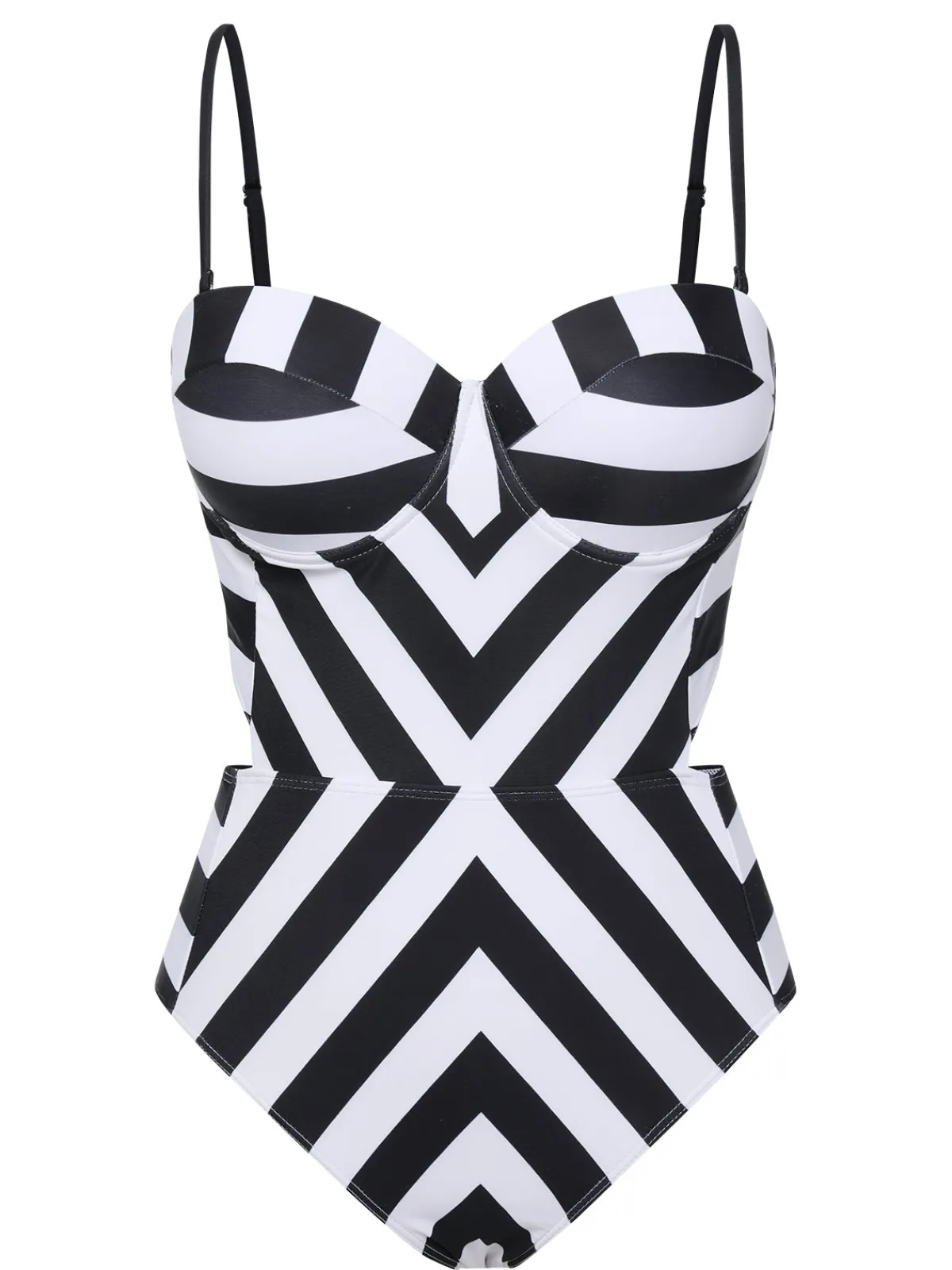 Hot Retro Stage 1960s Black White Contrast Stripes Swimsuit Black & White