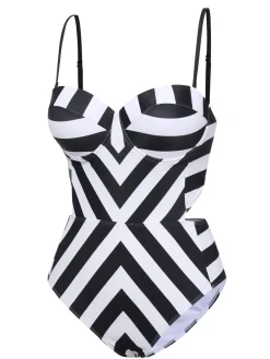 Hot Retro Stage 1960s Black White Contrast Stripes Swimsuit Black & White