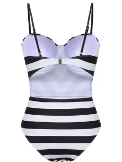 Hot Retro Stage 1960s Black White Contrast Stripes Swimsuit Black & White